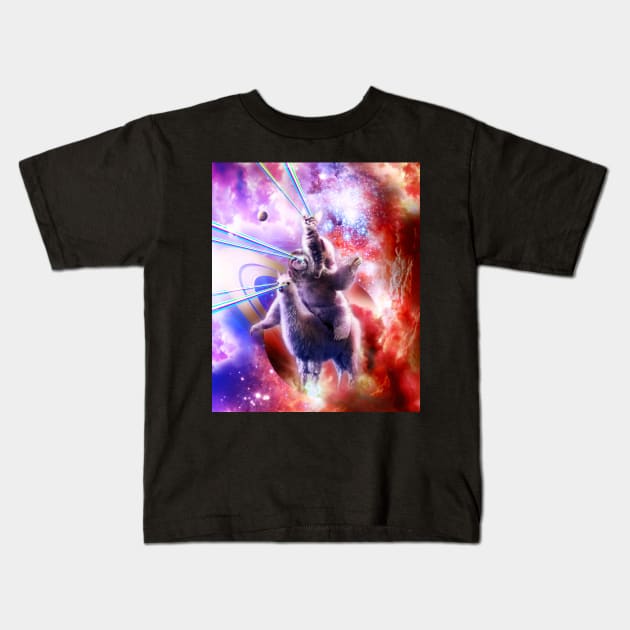 Laser Eyes Space Cat Riding Sloth Llama - Rainbow Kids T-Shirt by Random Galaxy